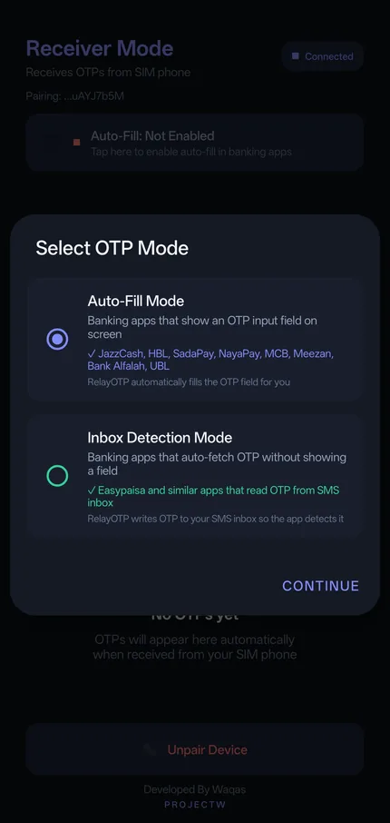 RelayOTP dark mode screenshot 2